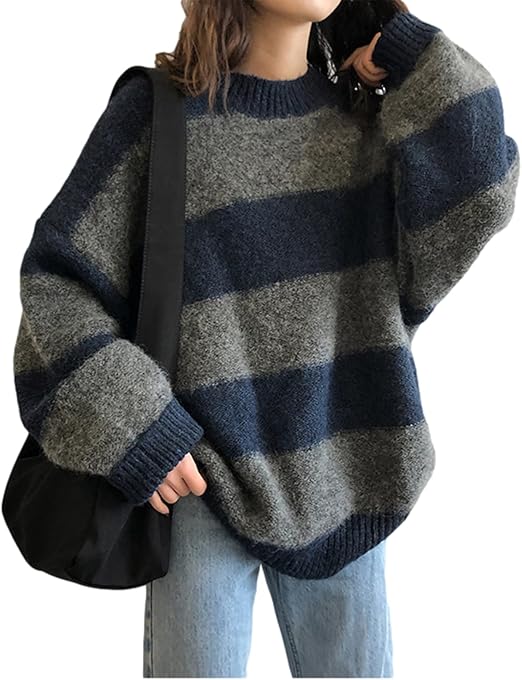NC Y2K Clothes Harajuku Womens Sweater Oversized Loose Cute Striped Tops Pullover Blue : Amazon 