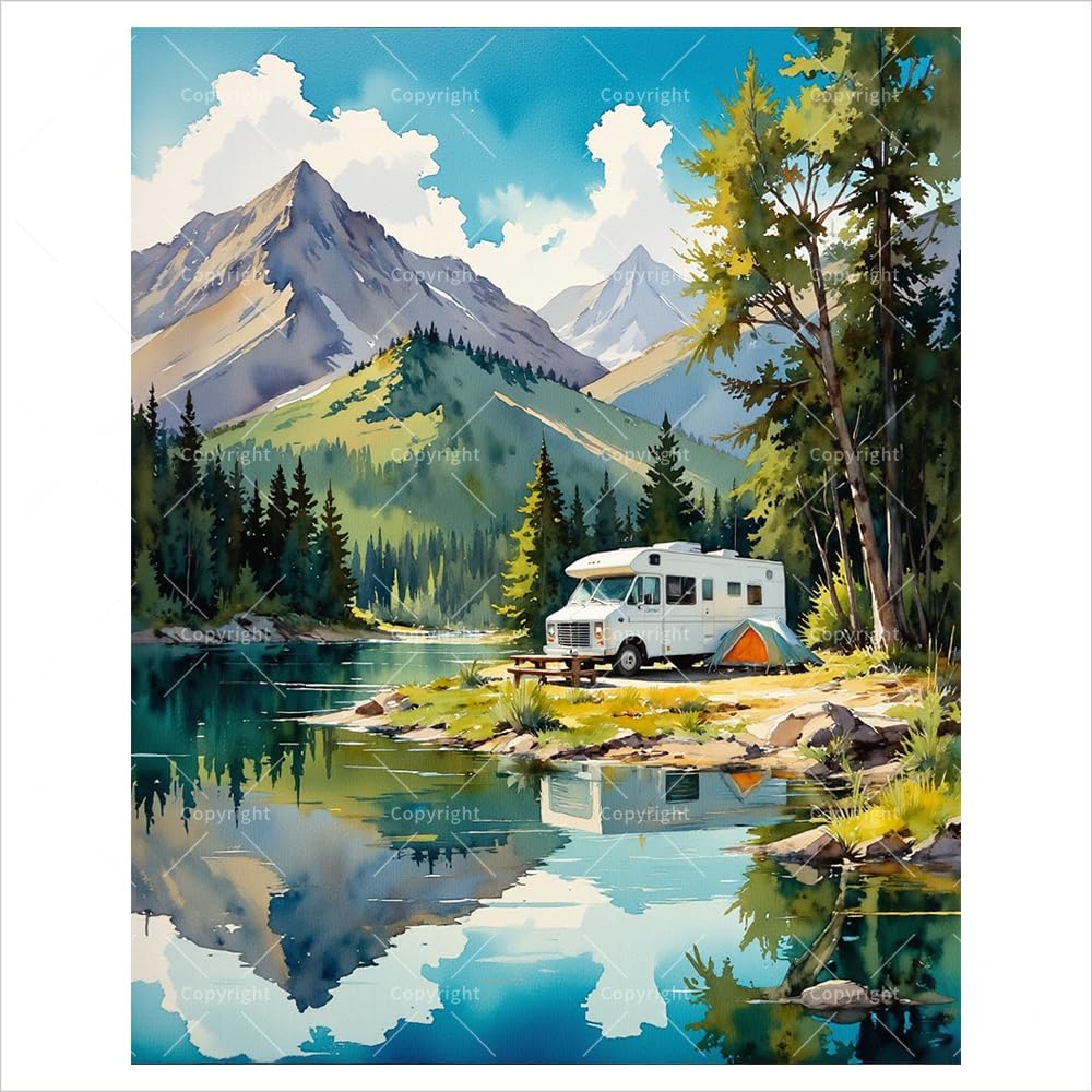 Share Young Landscape Paint by Numbers Kit for Adults - DIY Mountain Lake Camping Scene with RV Painting on Canvas 12X16IN Framed, Acrylic Paint Set, Suitable for Beginners, Art for Home Decoration