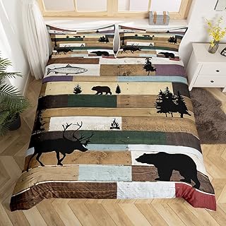 Erosebridal Bear Deer Comforter Cover Farmhouse Bed Sets Vintage Lodge Cabin Duvet Cover King Brown White Geometric Stripe Bedding Set Old Barn Door Rustic Bedroom Decor 3pcs for Kids