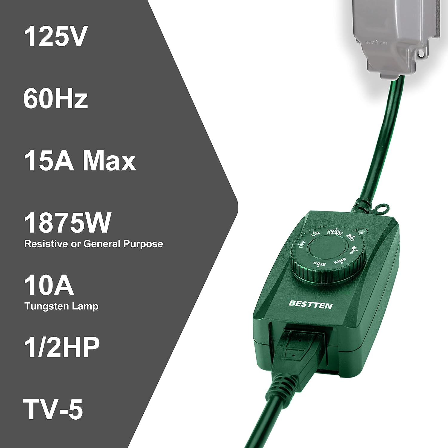 BESTTEN Weatherproof Outdoor Timer with Photocell Light Sensor and Dusk to Dawn Countdown Timer, Grounded Outlet, Plug in Switch for Christmas Decorations and Outdoor Lighting, Green, ETL Listed