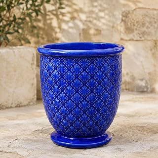 Palatina Werkstatt Pot de fleurs émaillé Indigo Provence bleu cobalt 42 cm - Pot de fleurs fait main avec drainage d'eau