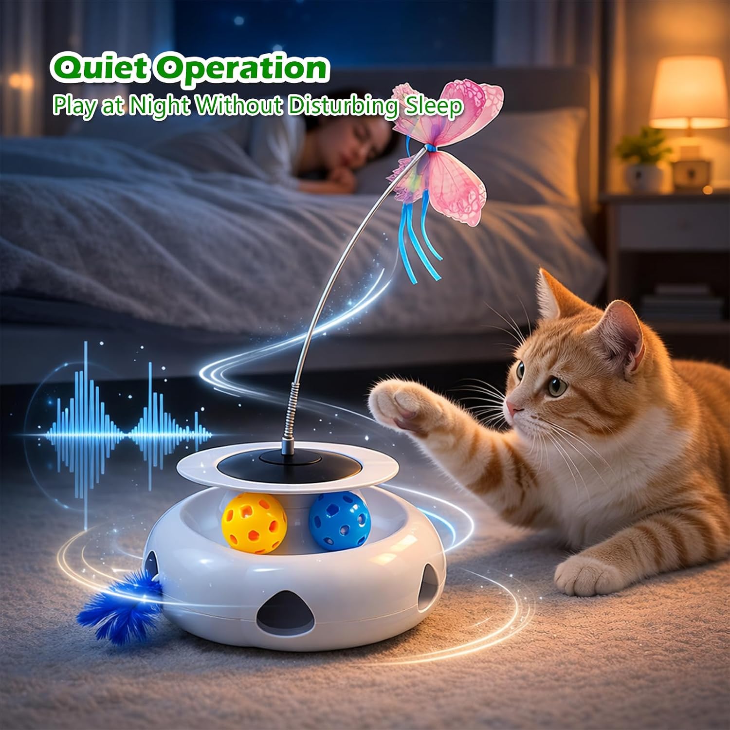 Cat Toys for Indoor Cats, 3 in 1 Automatic Cat Toy with Silent Motor (White) – Interactive Self Play, Remote Control, Motion Activated Standby, Replaceable Feather & Butterfly Wand, Safe ABS