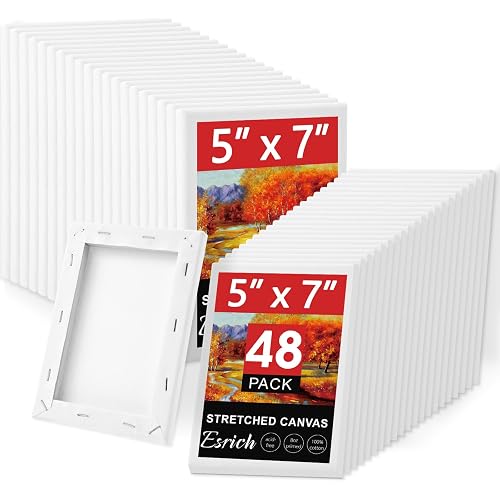ESRICH Stretched Canvas for Painting 5x7, 48 Pack Small Canvases for Painting 5/8" Profile Primed Acid-Free Blank Painting Canvas for Kids & Artists for Decorations, Painting Parties.