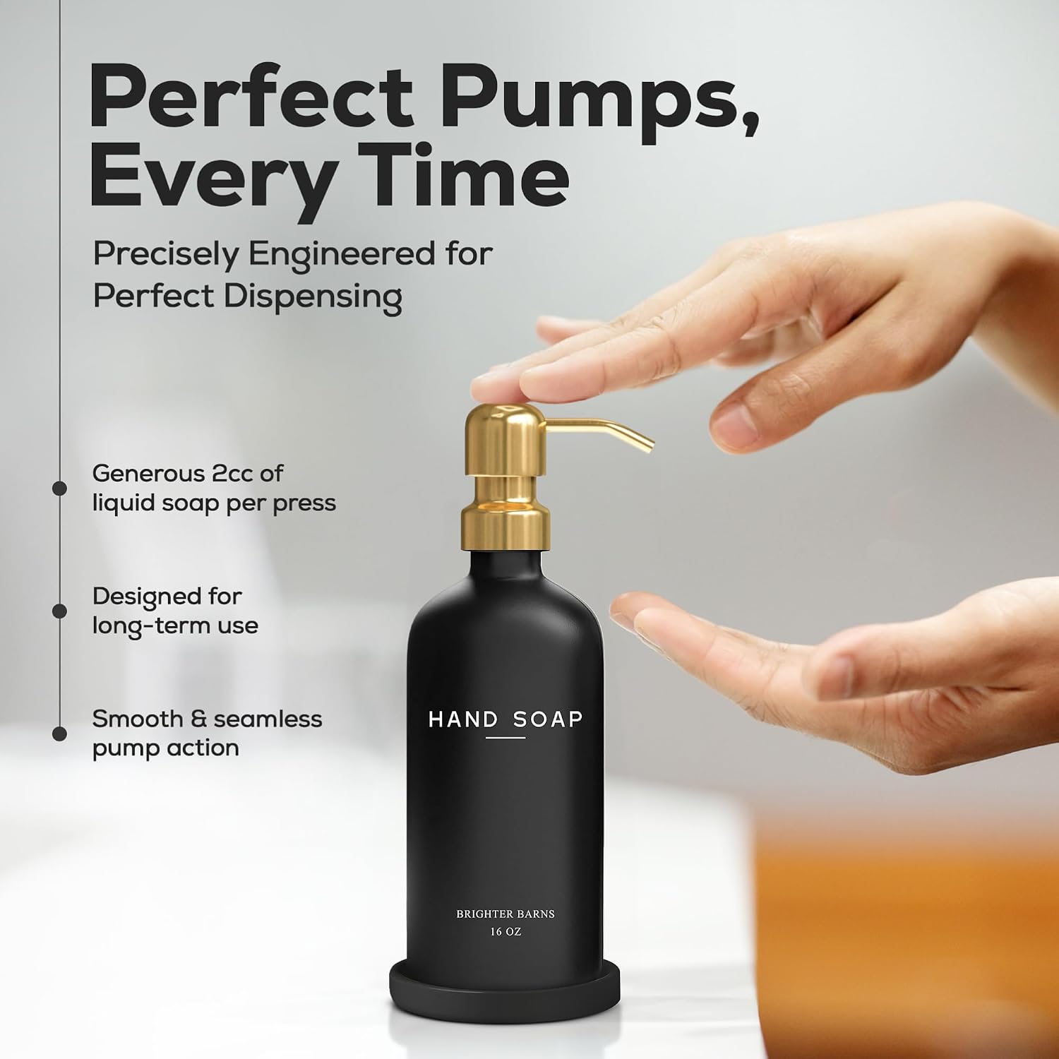 Luxury Glass Hand Soap Dispenser Bathroom Set by Brighter Barns - Refillable Glass Bottle Set - Hand Soap Dispenser for Black and Gold Bathroom Decor, Vacation Rental, Office, Spa, Hotel (Black/Gold) image 4