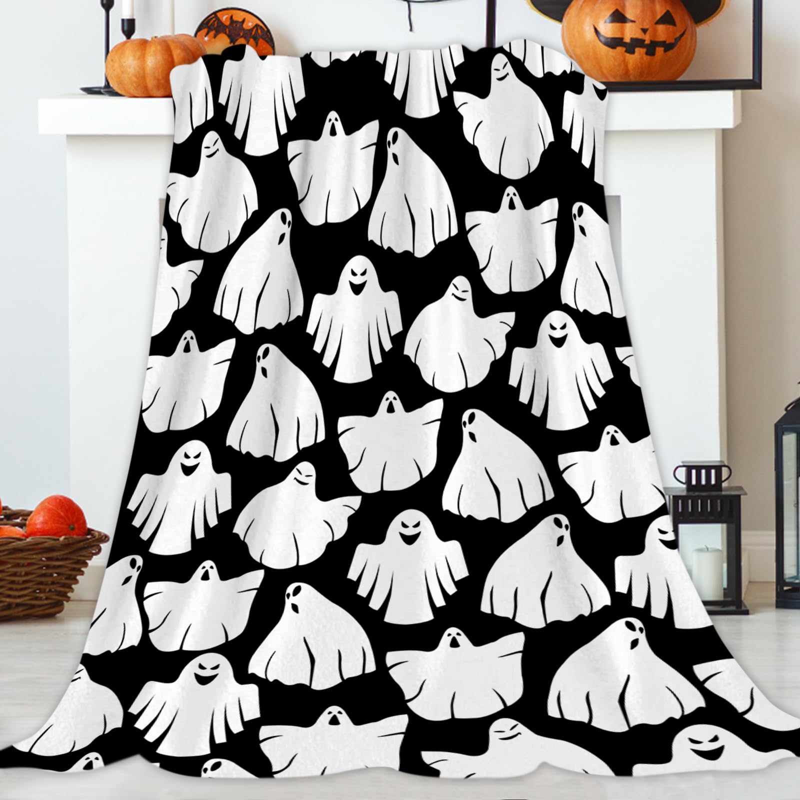 JOOCAR Halloween Ghost Throw Blanket Funny Boo Spooky Black and White Halloween Theme Throw Blanket Cozy Soft Lightweight Flannel Plush Blankets for Bed Couch Living Room Sofa Chair,60x80 Inch