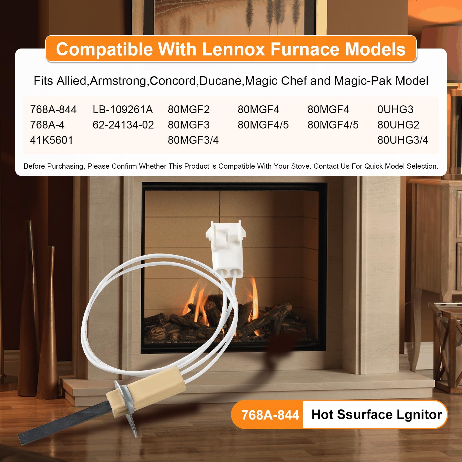 768A-844 - Encendedor de horno de superficie caliente de 80 V compatible con modelos seleccionados Lennox, Armstrong, Ducane y Concord, sustituye a 768A-4, 41K5601, LB-109261A, 62-24134-02 | Elemento
