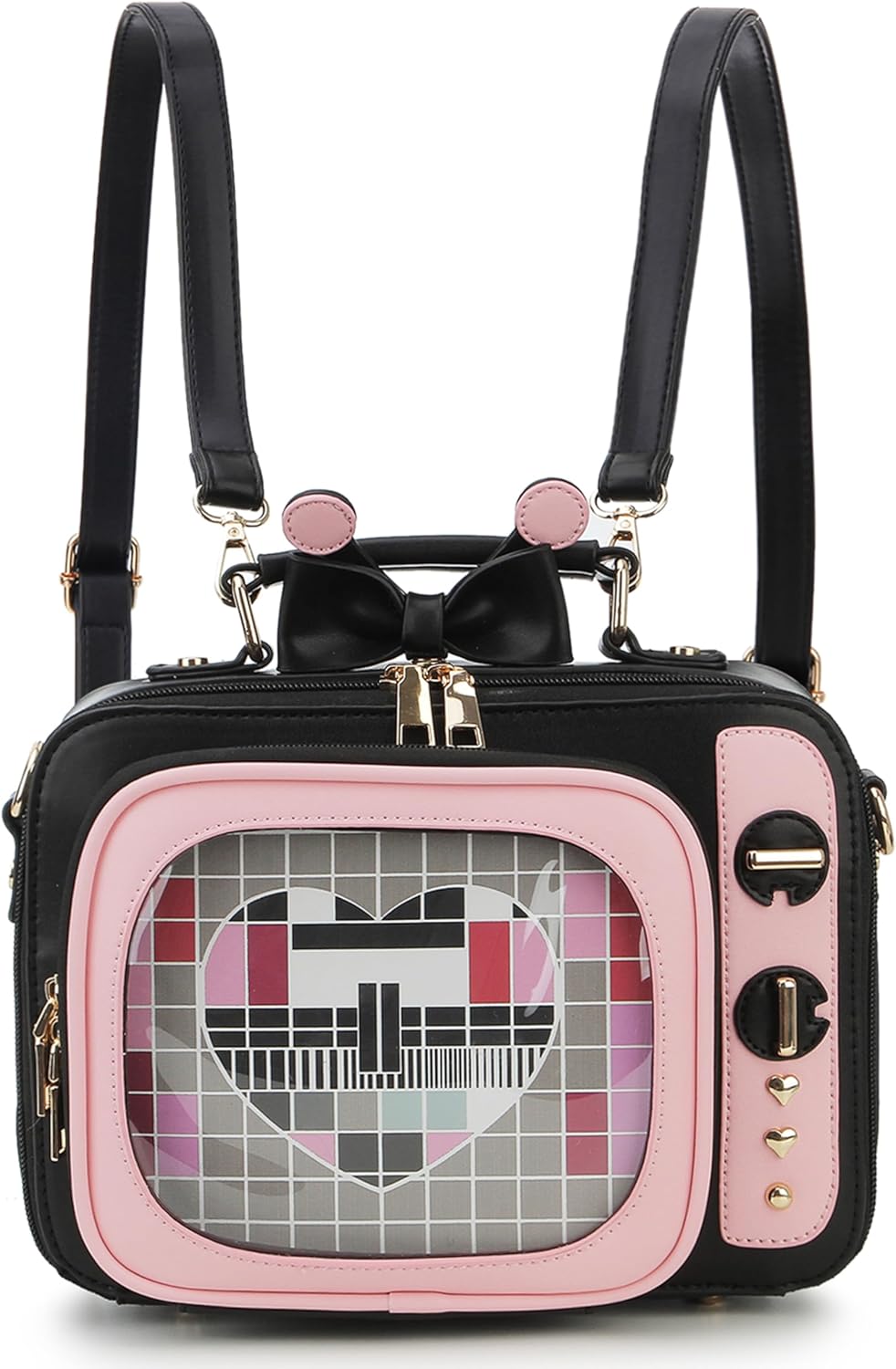 Retro TV Shaped Black Ita Bag Backpack Small Pin Display Purse with Inserts Cute Ita Crossbody Handbag for Enamel Pins Display