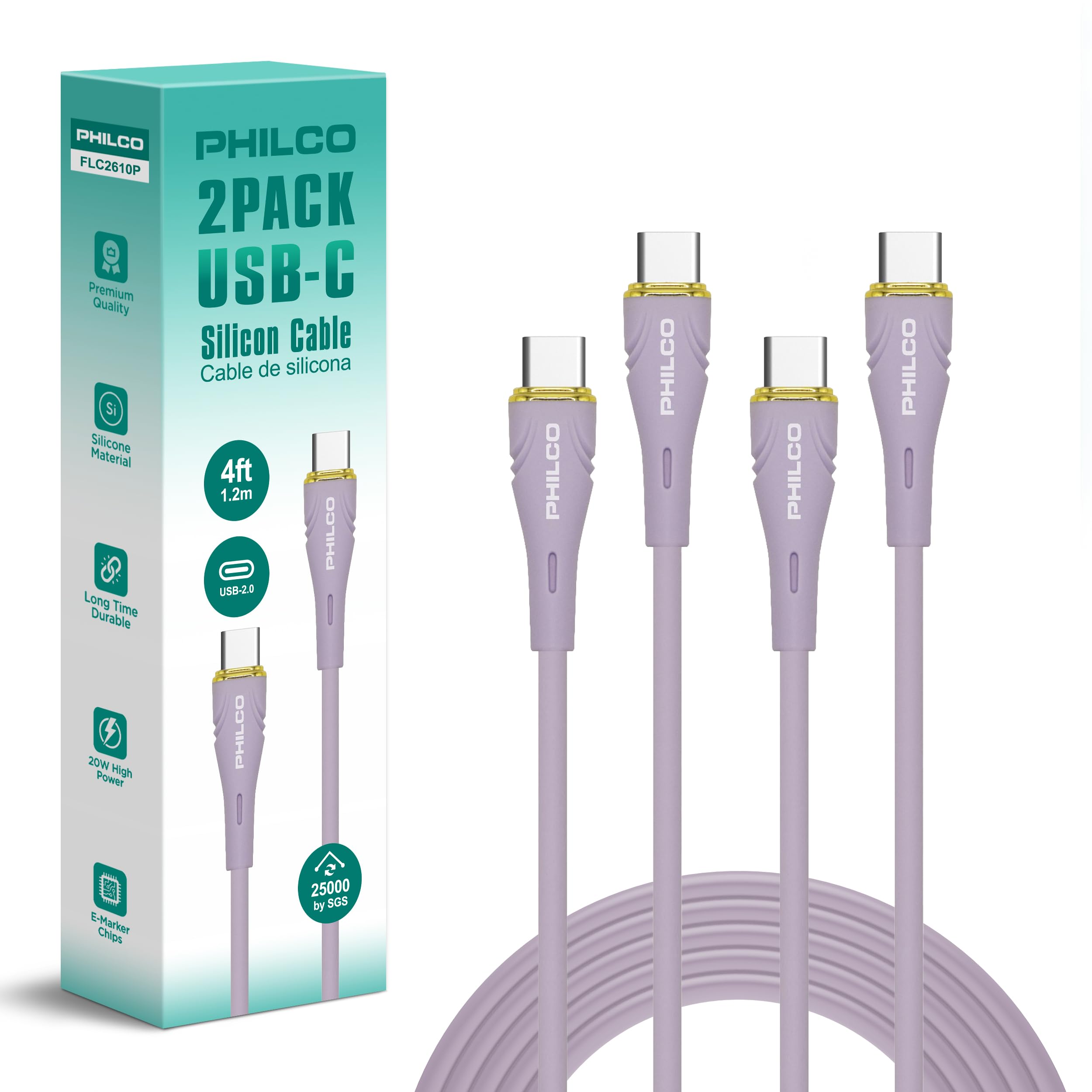 Philco USB C to USB C Cable, Type C Fast Charging Cable, 4FT, 20W Silicone Tangle Free USBC Cable for iPhone 15,16, MacBook Pro, iPad Air 4, iPad Pro & More (2, Purple)