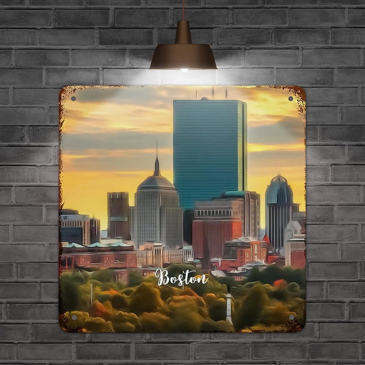 Vintage Metal Tin Sign Massachusetts USA Boston Cityscape Metal Sign Popular Country City Souvenir Wall Art Rustic Wall Decor for Bedroom Kitchen Cafe Bar Office Garage 12x12 inch