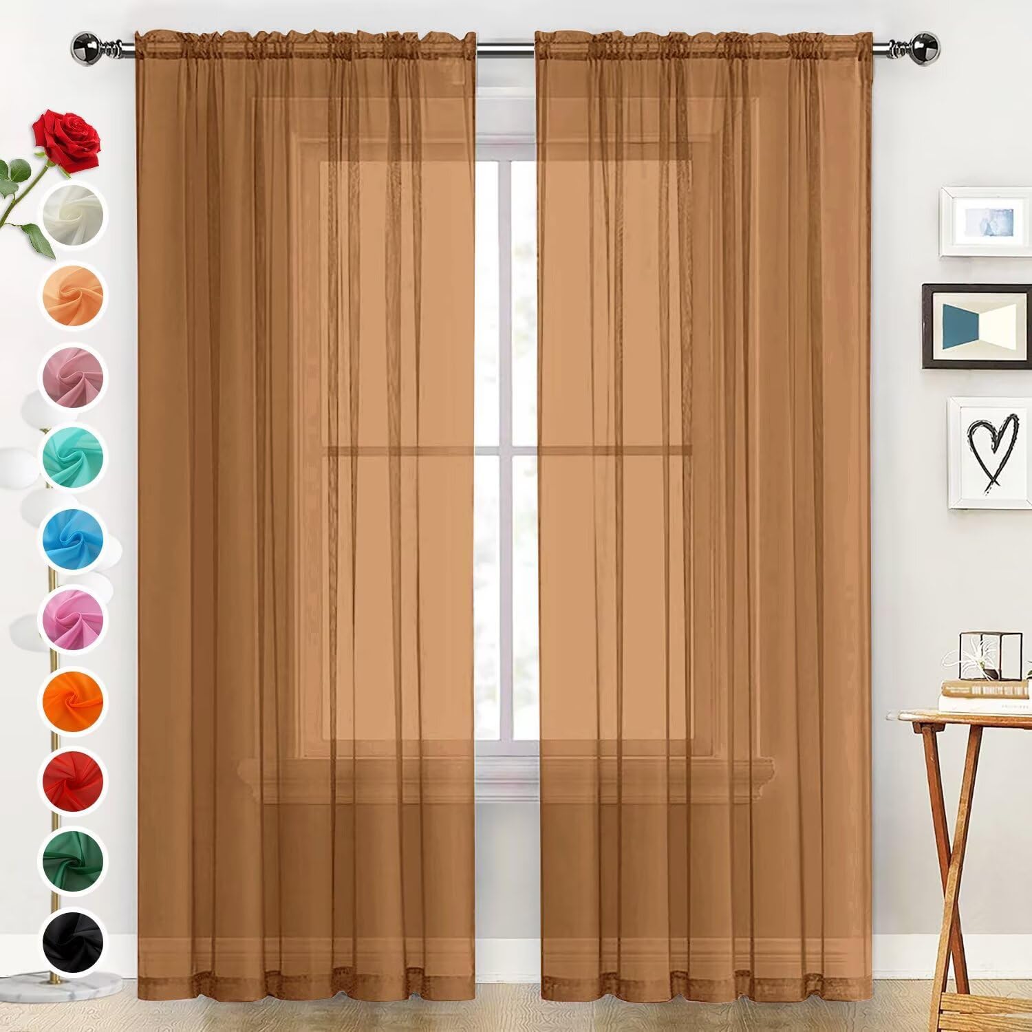SpaceDresser Basic Rod Pocket Sheer Voile Window Curtain Panels Light Brown 1 Pair 2 Panels 52 Width 45 Inch Long for Kitchen Bedroom Children Living Room Yard?Light Brown, 52W x 45L? Light Brown 52"W x 45"L (Pack of 2)