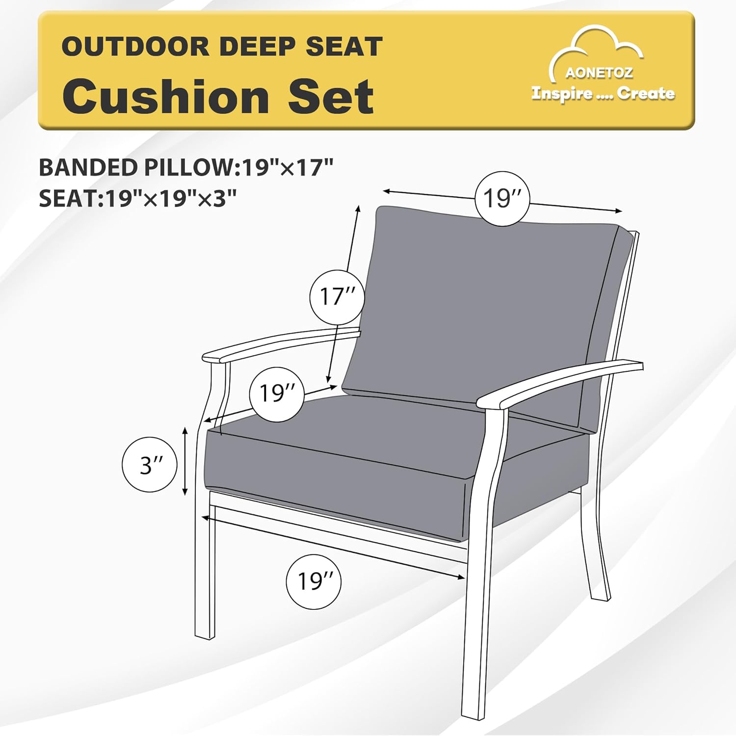 Deep Seat Patio Cushions Set 19 x 19 Inch,Olefin Fabric Outdoor Seat Cushion,Patio Furniture Cushions with Removable Cover,Rain-Proof and Fade Resistant Deep Seat Bottom & Back Cushion,1set