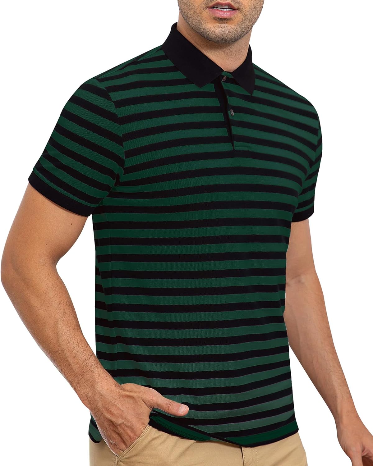 Mens Polo Shirts Short Sleeve Striped Cotton Collar Fitted Pique Work Golf Shirts for Men - Image 4