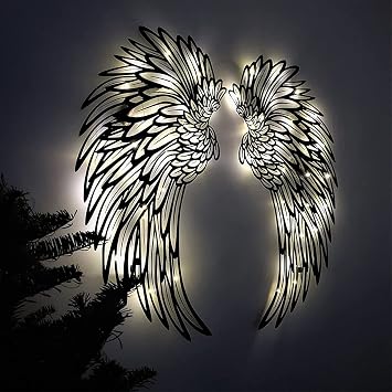 1 Pair Angel Wings Metal Wall Art Decor with Led Lights,Glowing Wing Metal Wall Art,for Home Bedroom Living Room Garden Office,22.8"*22.8"
