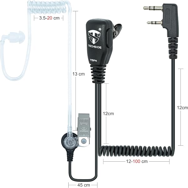 TechSide Microfono Auricolare Pneumatico cavi spiralati Estensibili 200cm walkie talkie Compatibile con Kenwood 2 pin BaoFeng UV-5R UV-82 888S Midland G10 G11V CT890 Vigilanza Sicurezza Caccia (2PZ) - 2