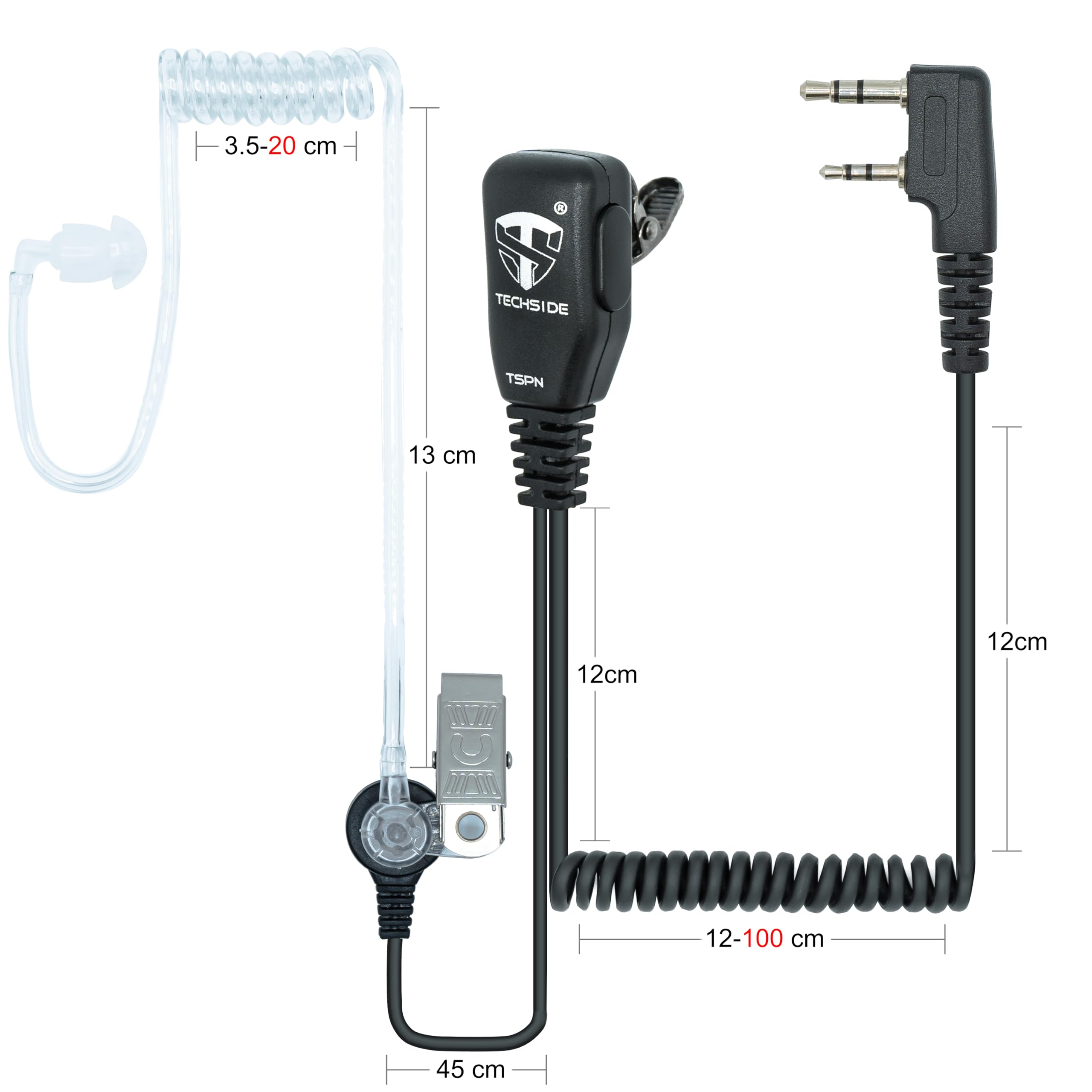TechSide Microfono Auricolare Pneumatico cavi spiralati Estensibili 200cm walkie talkie Compatibile con Kenwood 2 pin BaoFeng UV-5R UV-82 888S Midland G10 G11V CT890 Vigilanza Sicurezza Caccia (2PZ)