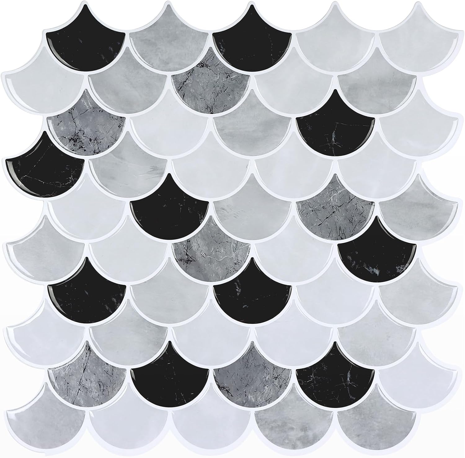 CHIHUT 12''x12'' Black White Grey Marble Gradient Scallop Peel and Stick Backsplash Tiles 16 Sheets Self Adhesive Waterproof Mermaid Scale Stick on Backsplash Tiles for Kitchen Bathroom Wall Tile