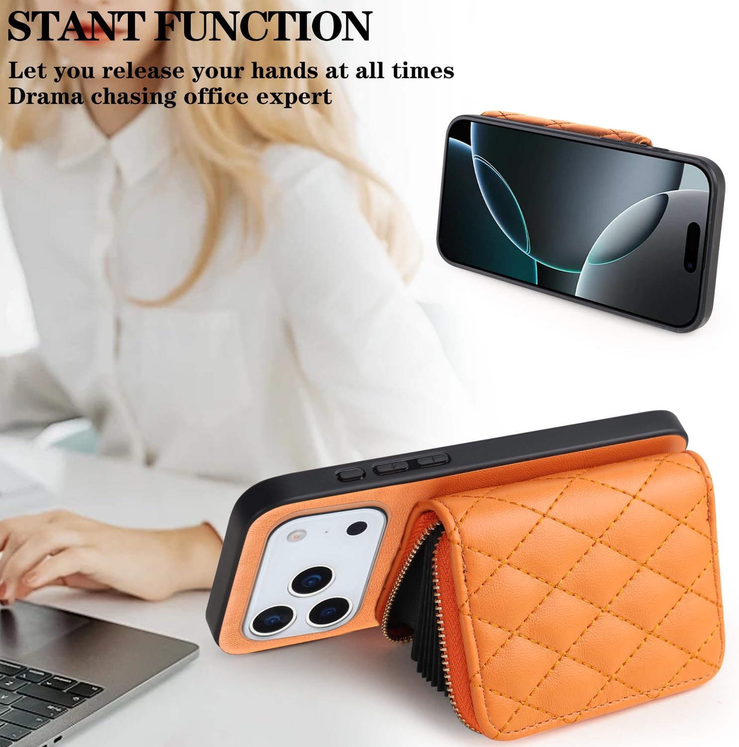 Argyle Wallet Cover for iPhone 17 Pro Max 6.9 inch & Screen Protector Shoulder Strap, Luxury PU Leather Zipper Organ Card Holder Stand Phone Case for i Phone17 17Pro i17 ProMax 17ProMax Orange
