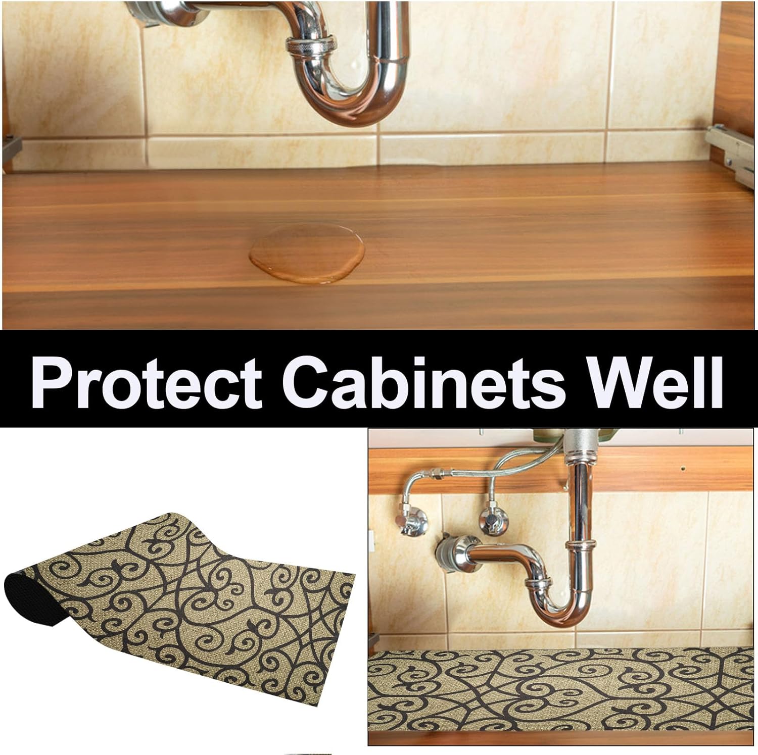 AiBOB Waterproof Under Sink Mat, Absorbent Quick Dry Sink Liners Protect Cabinets, Durable Shelf Liners, Slip Resistant and Non-Adhesive, 24X68, Black/Brown