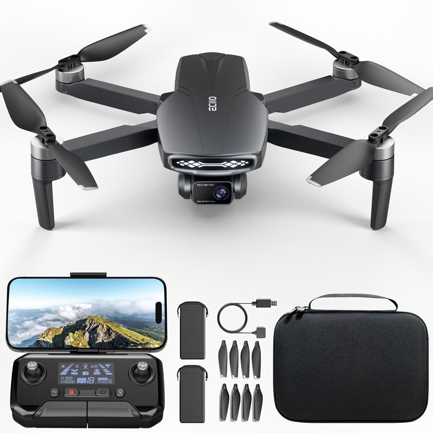 Brushless Motor GPS Drones with Camera for Adults 4k for Adults,5G Transmission,120°FOV Camera, 90°Adjustable Lens, Optical Positioning, 2.4Ghz Remote, 2Batteries, Carrying Case