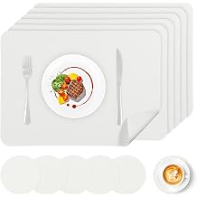 Vinyl Placemats Set of 6, Waterproof Faux Leather Heat Resistant Kitchen Place Mats, Wipeable Dining Table Place Mats and Coasters for Kitchen, Dining, Decor, Outdoor,43 * 30cm,White