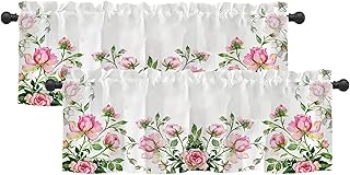 2 Pack Pink Rose Flower Window Valance for Kitchen Dining Room, Romantic...