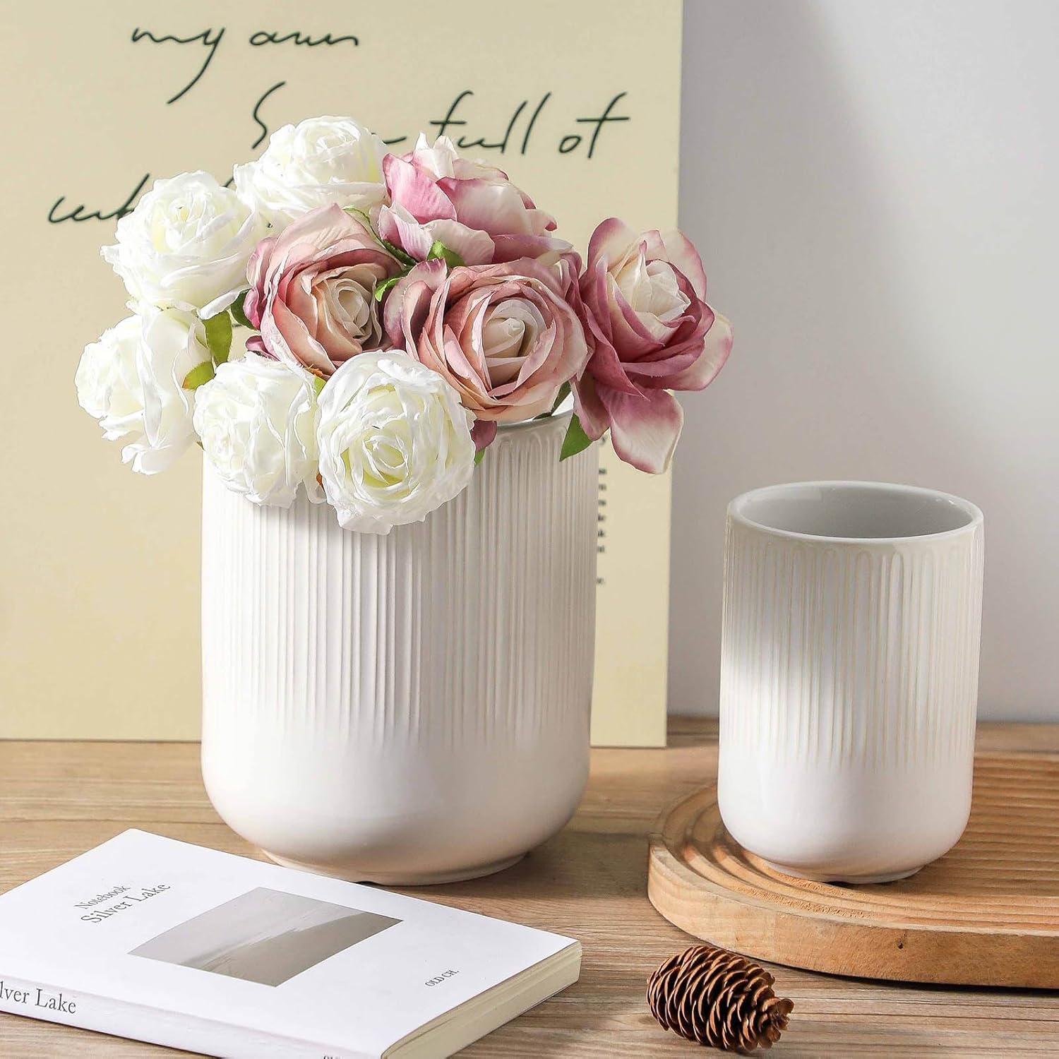 Utensil Holder,Set of 2, Large utensil holder for kitchen counter, 7.3"+5.4" cooking utensil holder for countertop, Kitchen spatula holder for kitchen decor (Modern Farmhouse Color)