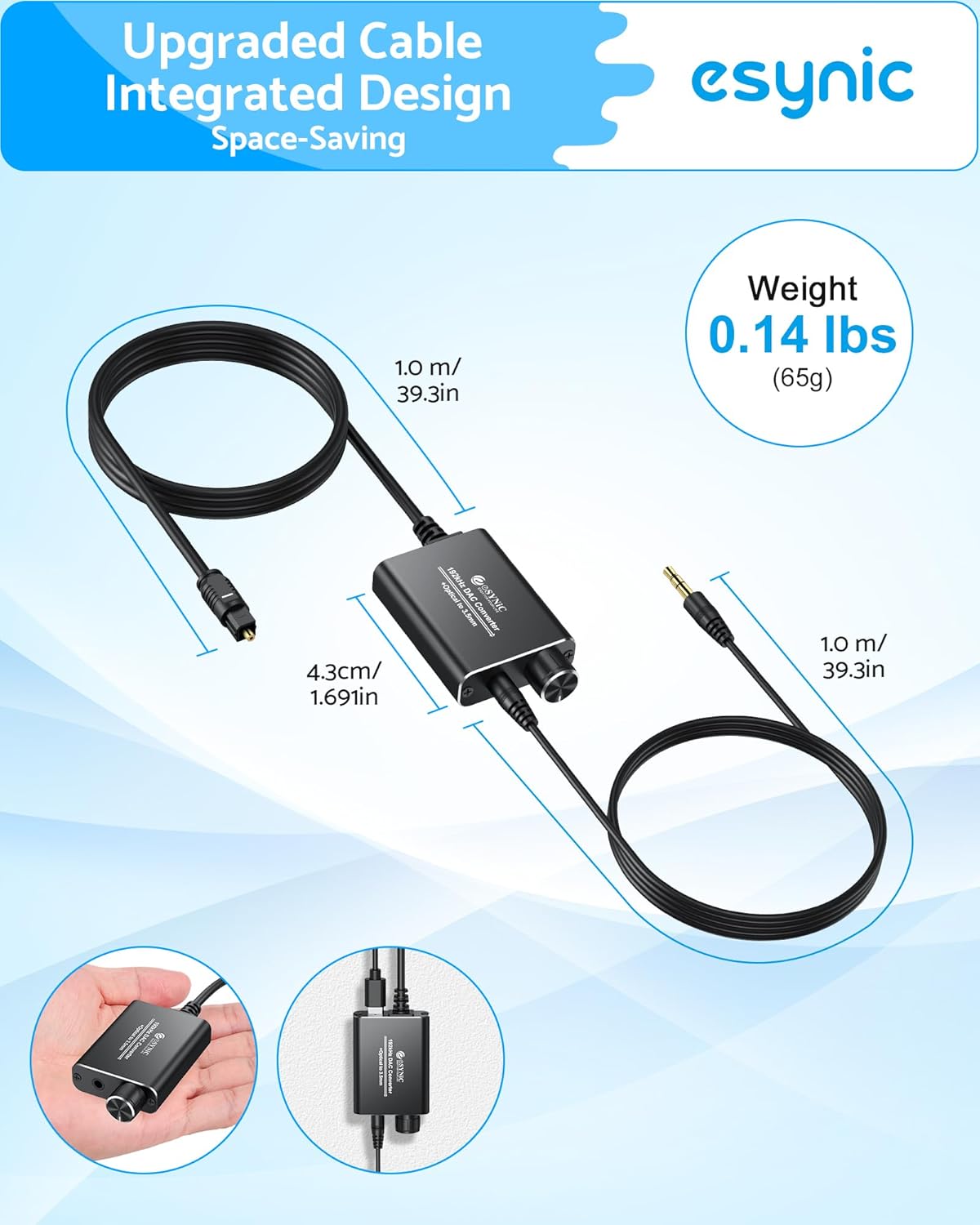 eSynic DAC Converter with dimensions and weight indicated
