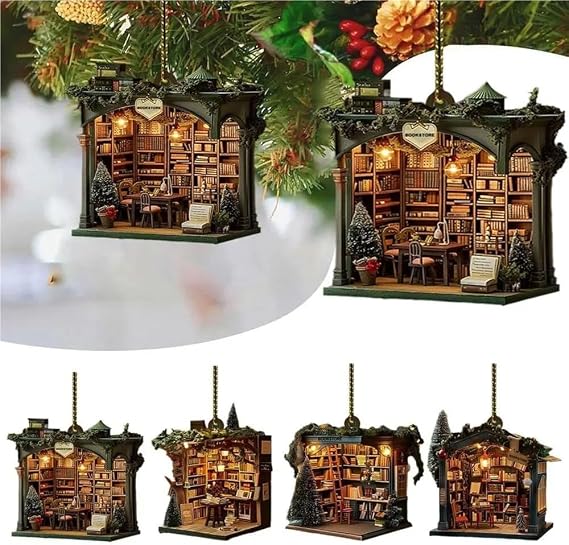Christmas Bookstore Ornament Acrylic Book Stacked Hanging Decoration Xmas Tree Pendant Bookgift For Holiday Tree Home Decor(D)
