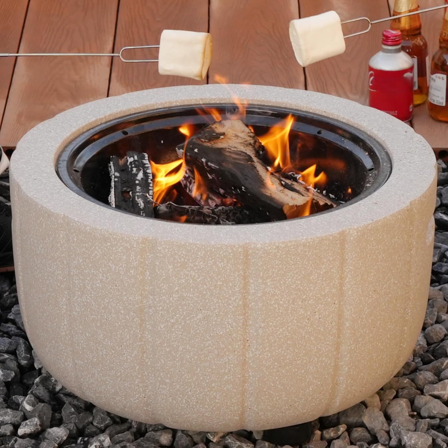 Wood Burning Fire Pit,Concrete Outdoor Fire Pit Table with Metal Lid,Grill,Fire Poker,Spark Screen,BBQ Firepits for Bonfire,Patio,Backyard,Garden,Picnic (Gray 2)