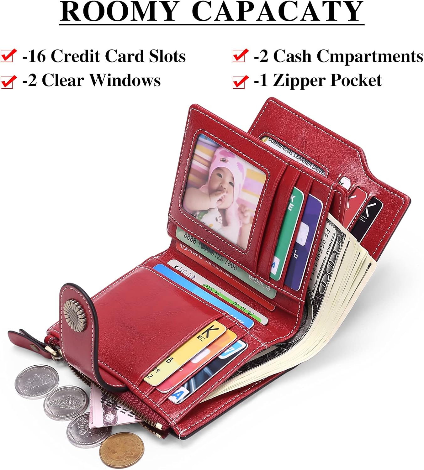 SENDEFN Small Women Wallet Genuine Leather RFID Blocking Bifold Small Purse with Zipper Pocket, Red B, talla estándar - Image 3