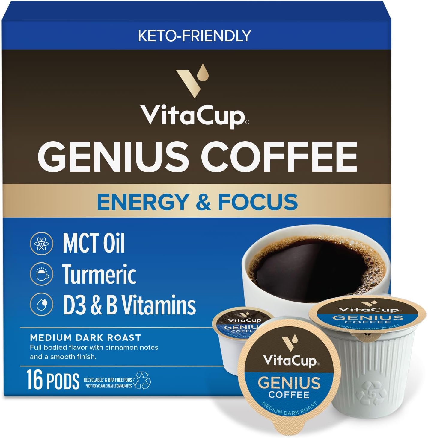 VitaCup Genius Keto Medium Dark Roast USDA Organic Coffee Pods, 16ct