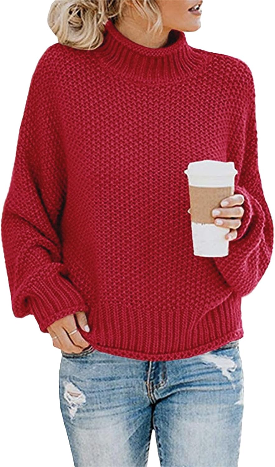 Womens Lightweight Sweaters Batwing Long Sleeve Pullover Loose Fit Chunky Knit Jumper Turtleneck Oversized Sweater