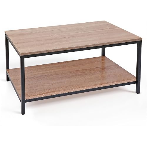 SUPER DEAL 2-Tier Industrial Coffee Table with Storage Shelf for Small Apartment Living Room, Rectangle Wood and Stable Metal TV Stand Side End Table, Natural Oak