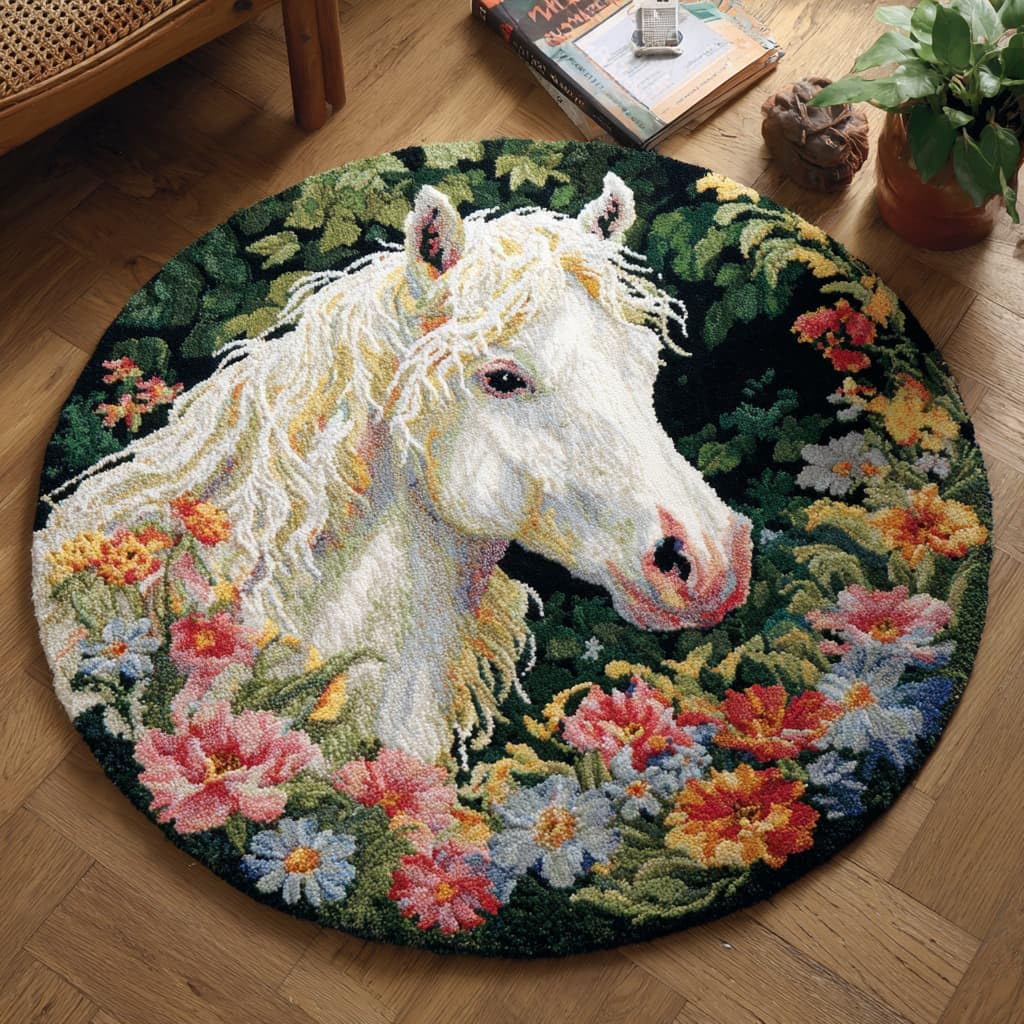 AMBATTERY Round Shape Latch Hook Kits Rug,Horses and Flowers