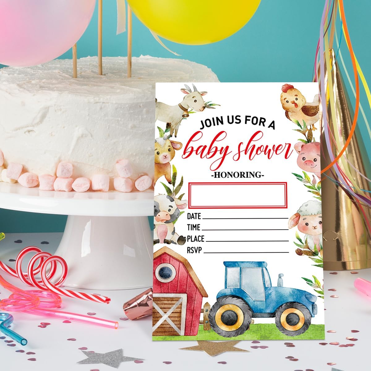 Baby Shower Invitations for Boy Farm with Envelopes, Invites for Baby Showers Party Farm Animals, Barnyard Tractor Invite Cards, 4"x6" Set of 20