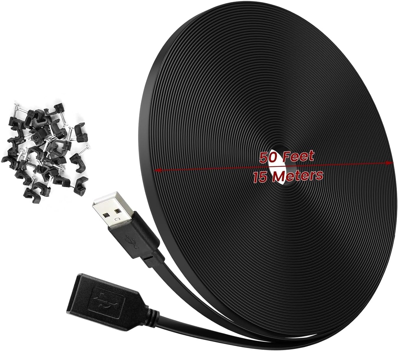 50 ft Extension Cable for Wyze Cam v4 and Cam Pan v3 Outdoor Cameras, USB Male to Female Flat Cord, Black