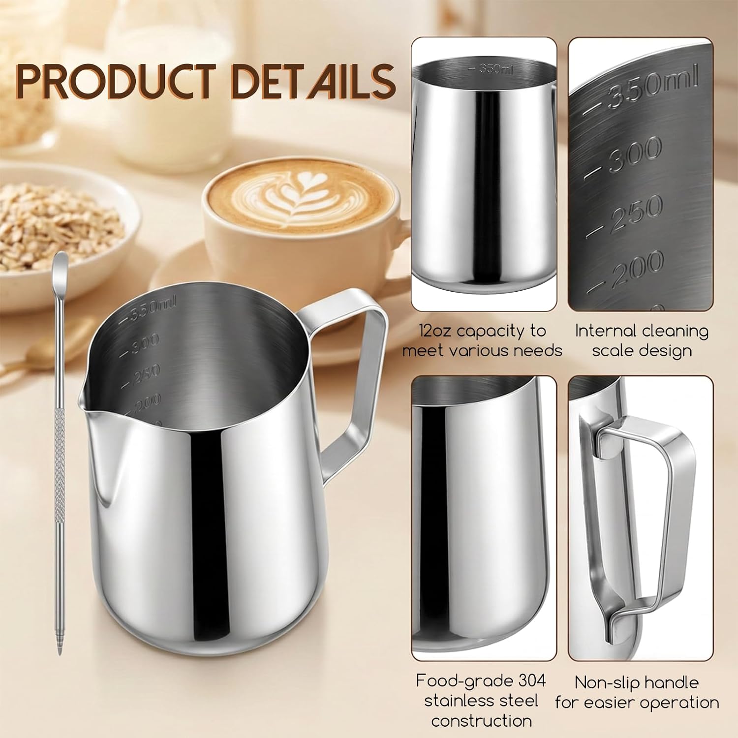 6 Pcs 12oz Milk Frothing Pitcher, 304 Stainless Steel Steaming Pitchers | Espresso Steaming Pitchers with Decorating Pen, Milk Steamer Cup Frother Jug for Espresso, Coffee Bar, Latte Art, Cappuccino