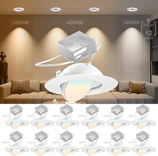 6 Inch Gimbal LED Recessed Light, 360°+90° Adjustable Angled LED Recessed Can Light 6inch, IC Rated,3000K/4000K/5000K Dimmable 6 Inch Adjustable Eyeball Canless Light 12W=120W 1200LM-12Pack