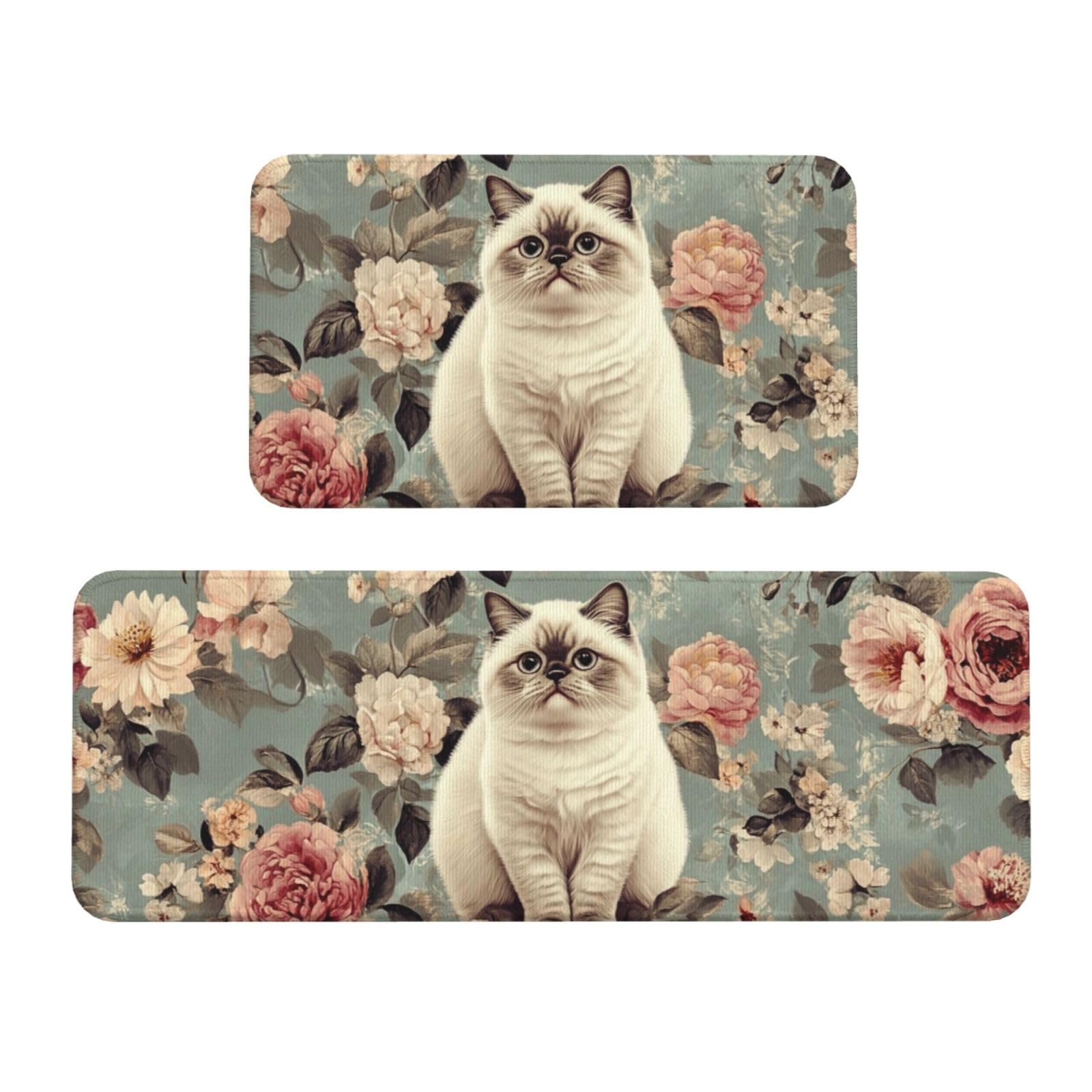 Tapetes de cocina cómodos de pie con diseño de gato y flores, alfombras para suelo