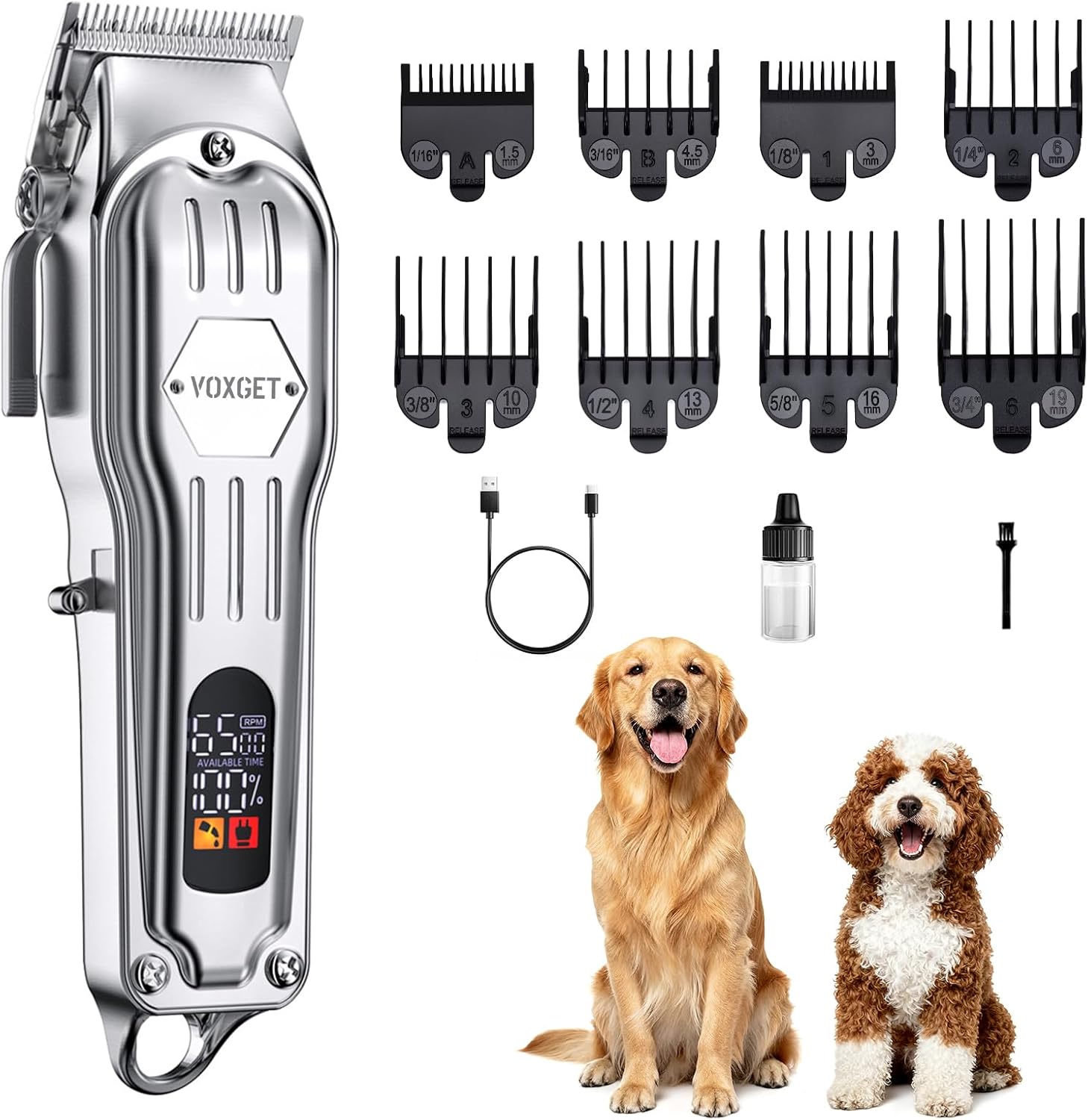 Dog Clippers for Grooming Thick Hair, Upgrade Low Noise Pet Shaver with 8 Size Detachable Combs for Heavy Curly Hair, Rechargeable Metal Blade Clipper Grooming Kit for Dogs Animals (Silvery)