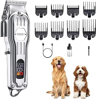 Dog Clippers for Grooming Thick Hair, Upgrade Low Noise Pet Shaver with 8 Size Detachable Combs for Heavy Curly Hair, Rechargeable Metal Blade Clipper Grooming Kit for Dogs Animals (Silvery)