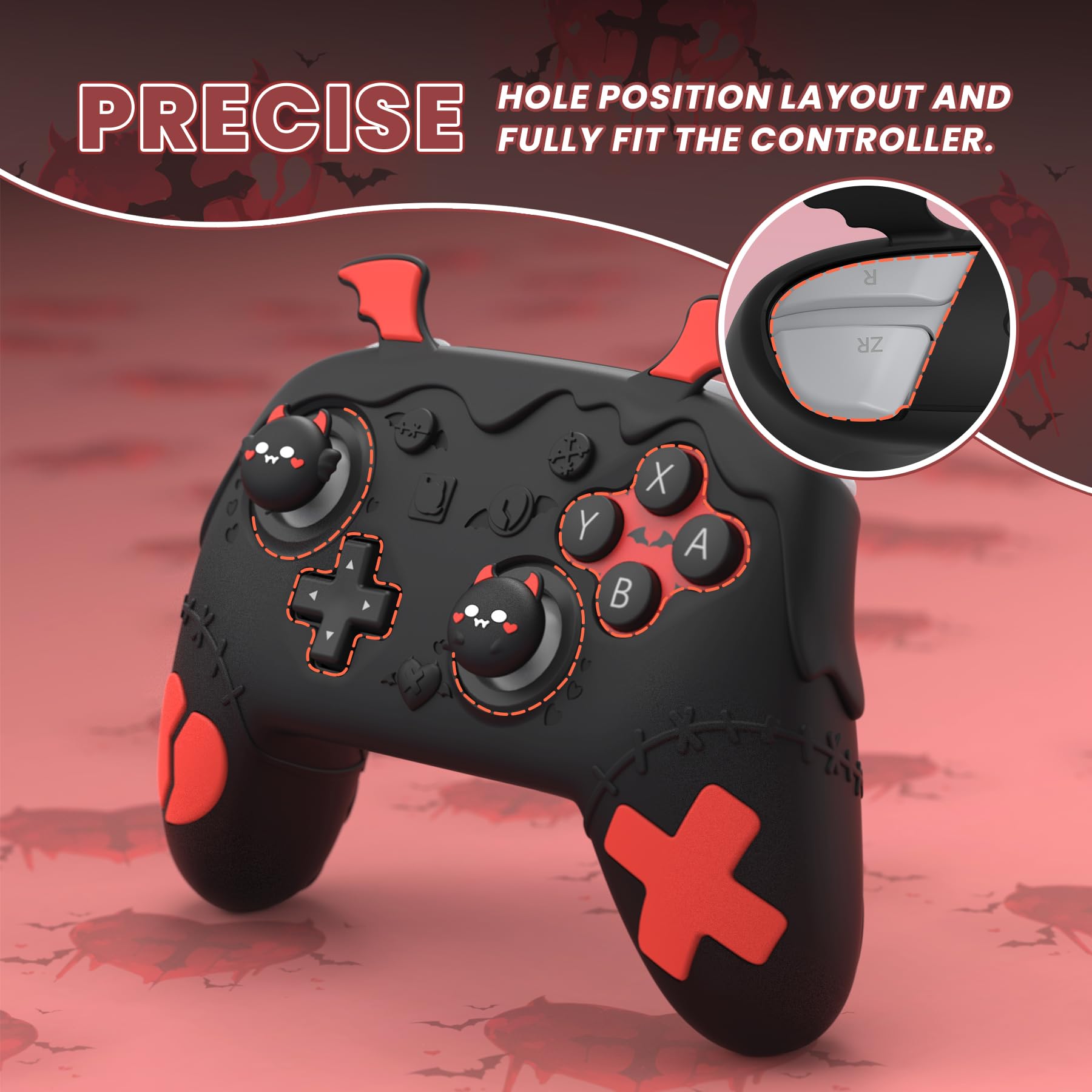 PlayVital Funda de Silicona para Nintendo Switch 2 Pro Mando - Carcasa Protectora con Tapas de Botón Trasero & Thumb Grips & Stickers, Antideslizante y Antigolpes - Diseño Gótico (Negro) - 3