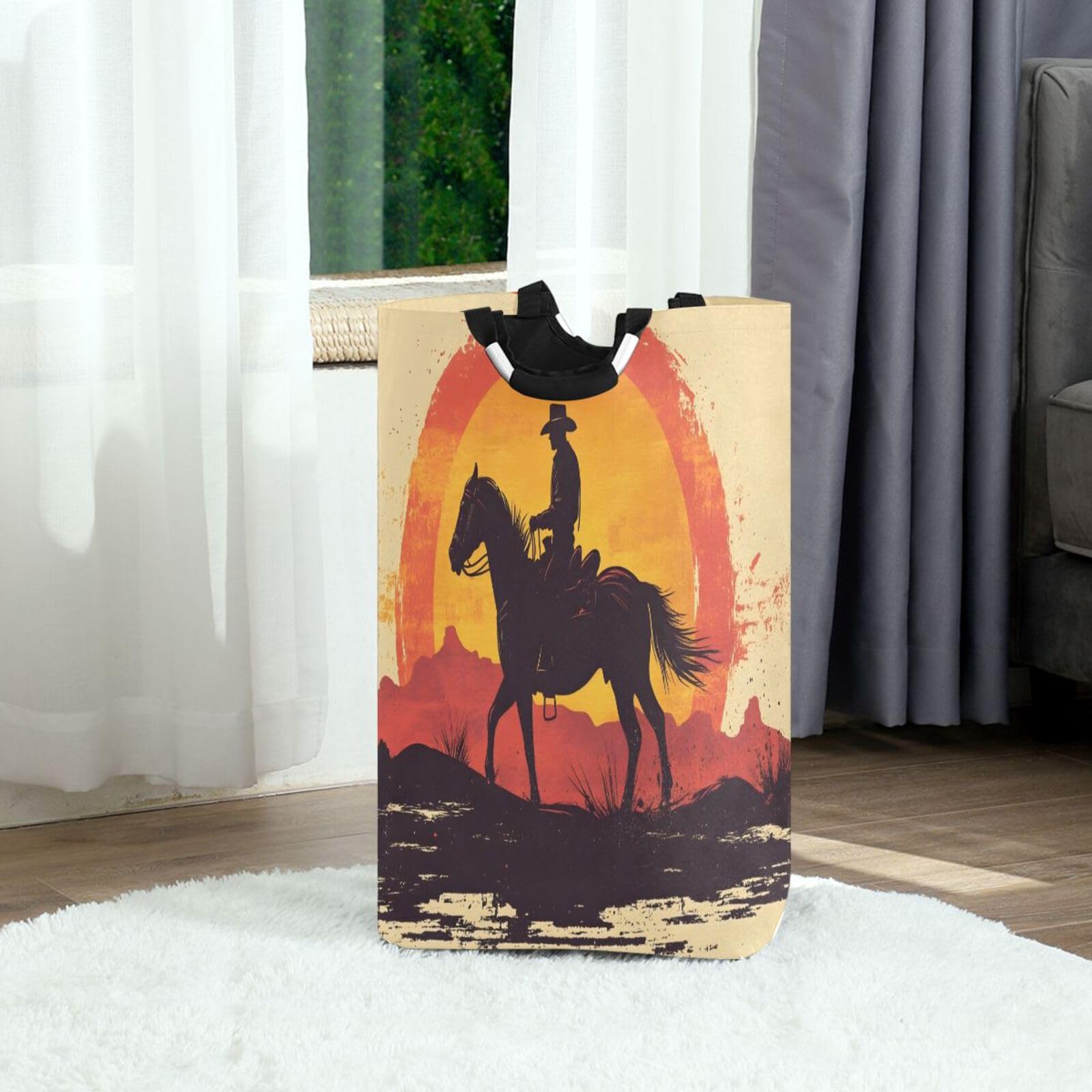 Jihqo Laundry Hamper Basket Cowboy at Sunset Collapsible Nursery Storage Bin Waterproof Clothing Baskets for Home Bedroom Bathroom Washing Room