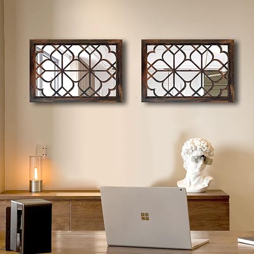 Miniatura 2 de Wocred Juego de 2 espejos rectangulares de pared, hermoso espejo rústico de estilo rústico, espejo de entrada de color caramelo para renovación de