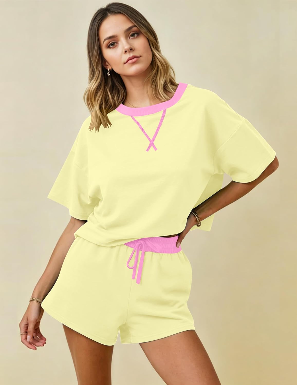 MISSACTIVER Womens Lounge 2 Piece Sets Summer Matching Pajamas Set Short Sleeve Oversized T Shirts Drawstring Shorts image 2
