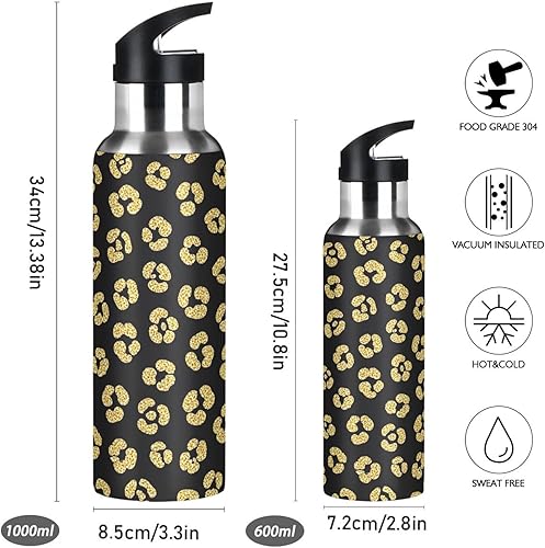 Miniatura 2 de Gold Leopard Spots - Botella de agua de acero inoxidable negro de 20 onzas, botella de agua deportiva sin BPA con popote a prueba de fugas