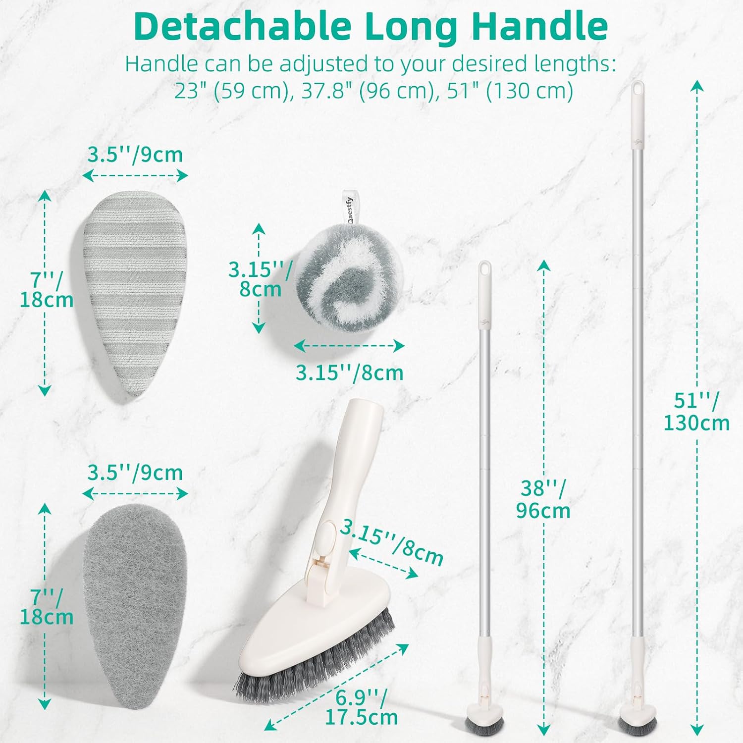 Qaestfy 4-in-1 Tub and Tile Shower Scrubber, 51'' Bathtub Cleaning Brush with Long Handle, Soft & Stiff Bristles Bathroom Scrub Brush, Non-Scratch Shower Cleaner Brush for Cleaning