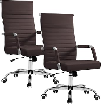 Furmax Ergonomic Office Desk Chair, Executive Ribbed Mid-Back PU Leather Conference Room Chair Adjustable Swivel Chair with Arms 2, Brown