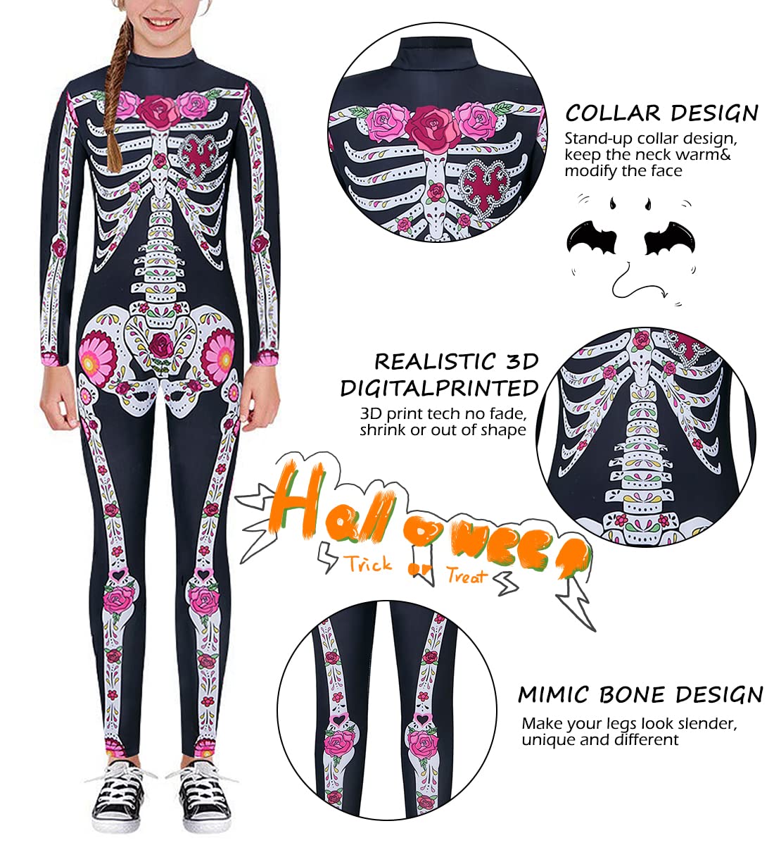 Kids4ever Unisex Bambini Scheletro di Halloween Body Tute Intere con Stampa di Ossa con Cerniera Stretch Fancy Cosplay One Piece per Ragazze Ragazzi 7-14 Anni