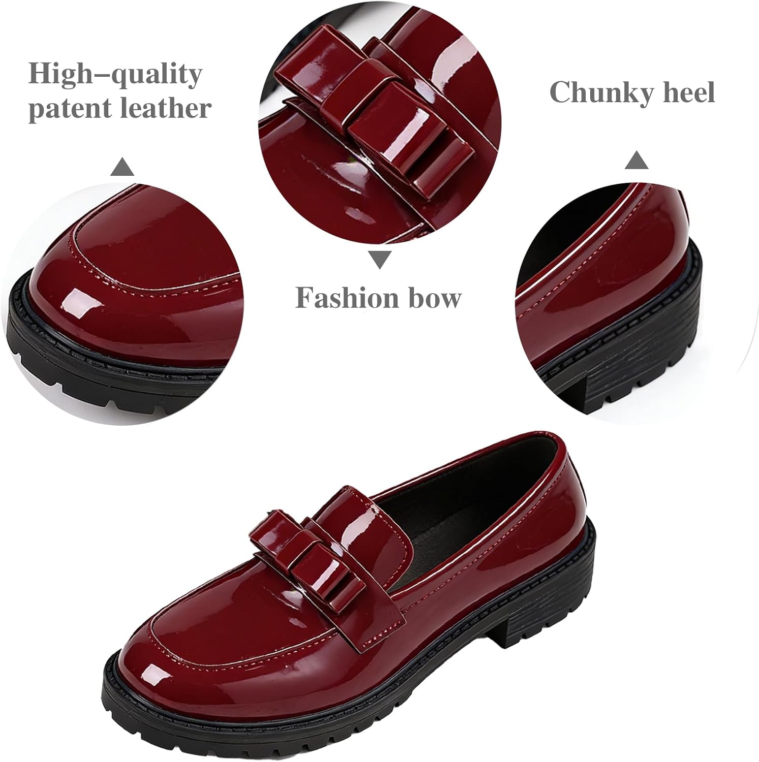 Women's Patent Leather Bow Chunky Heel Loafers Elegant Round Toe Slip On Comfort Non-Slip Lug Sole Platform Dress Shoes for Work Business Daily Casual